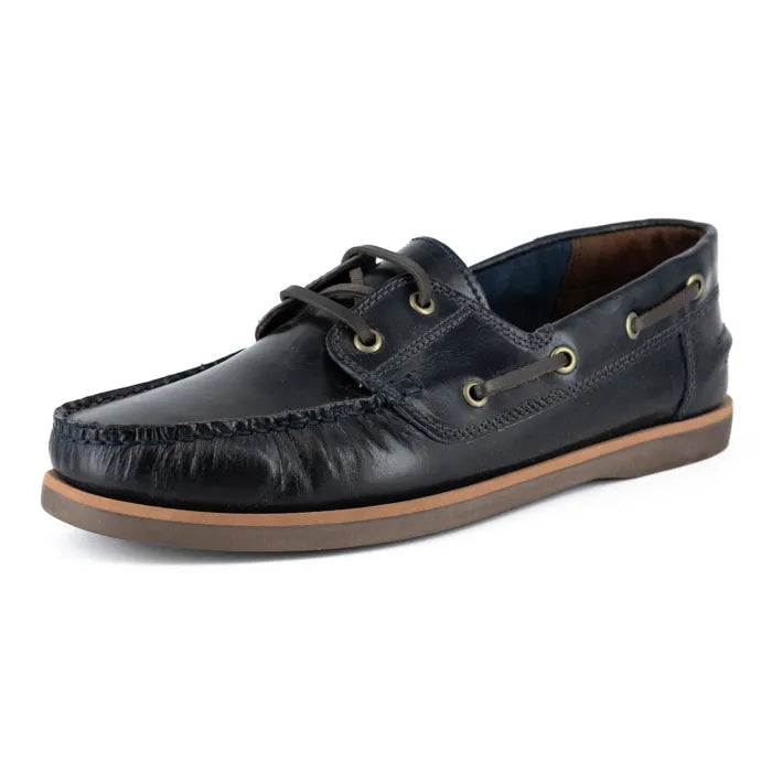 Navy leather boat shoe with brown sole on a white background