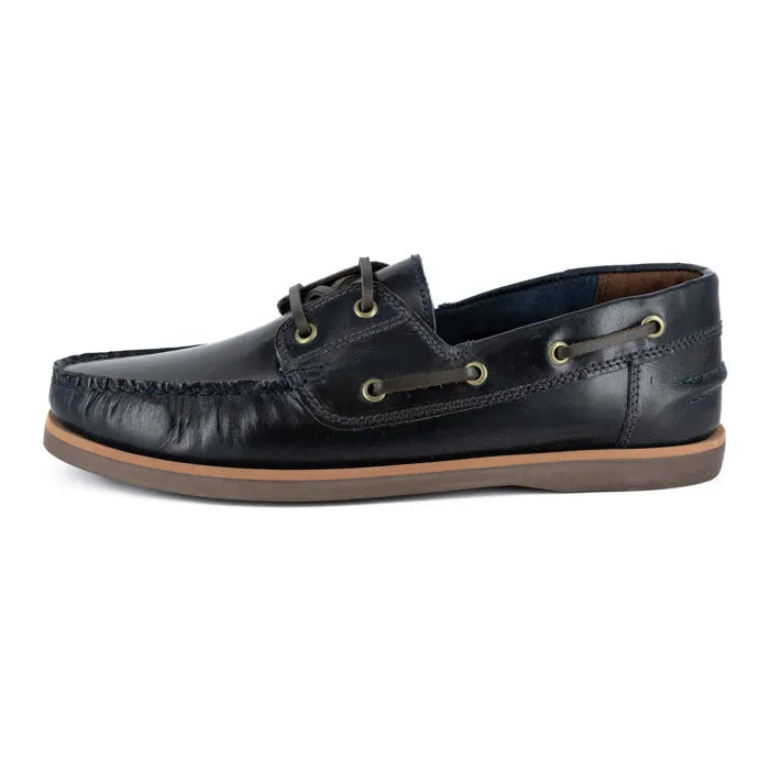 Navy leather boat shoe on a white background
