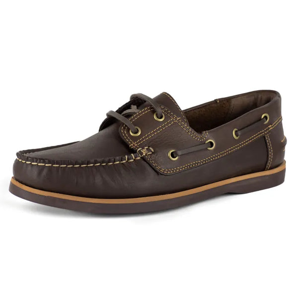 Brown leather boat shoe on a white background