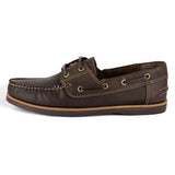 Brown leather boat shoe on a white background