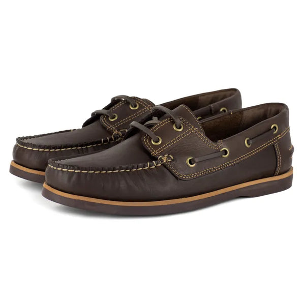 Pair of brown leather boat shoes on a white background