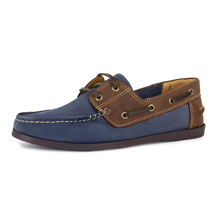 Blue and brown boat shoe on a white background