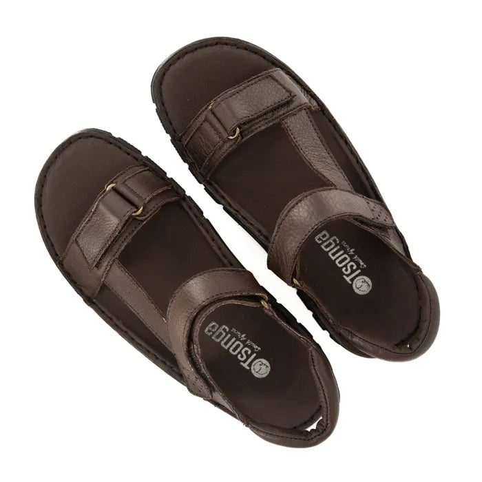 Pair of brown sandals with 'Tsonga' branding on a white background