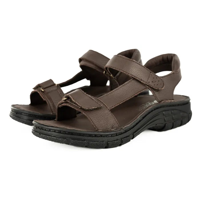 Pair of brown sandals with multiple straps on a white background