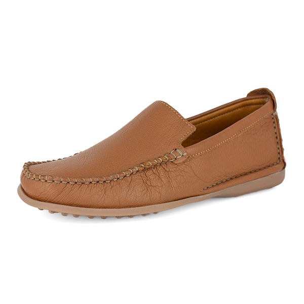 Tan leather loafer shoe on a white background