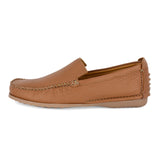 Tan leather loafer on a white background