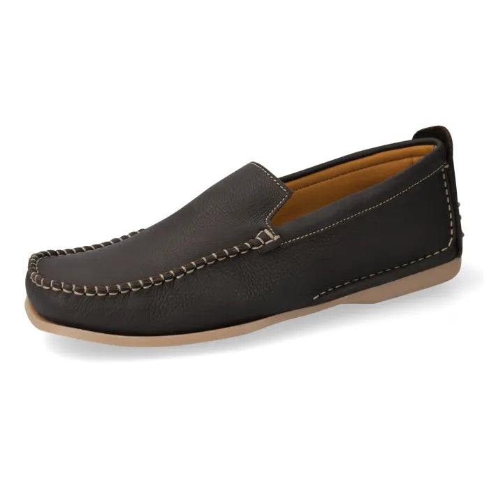 A single dark brown leather slip-on driving loafer with decorative stitching, a tan interior lining, and a light tan outsole, shown from a three-quarters angle on a white background.