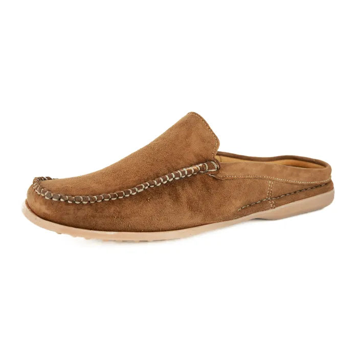 Brown suede slip-on shoe with chain stitch detail on a white background