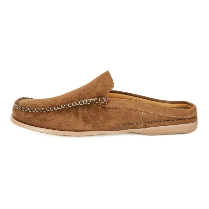 Brown slip-on shoe with a chain stitch  detail on a white background