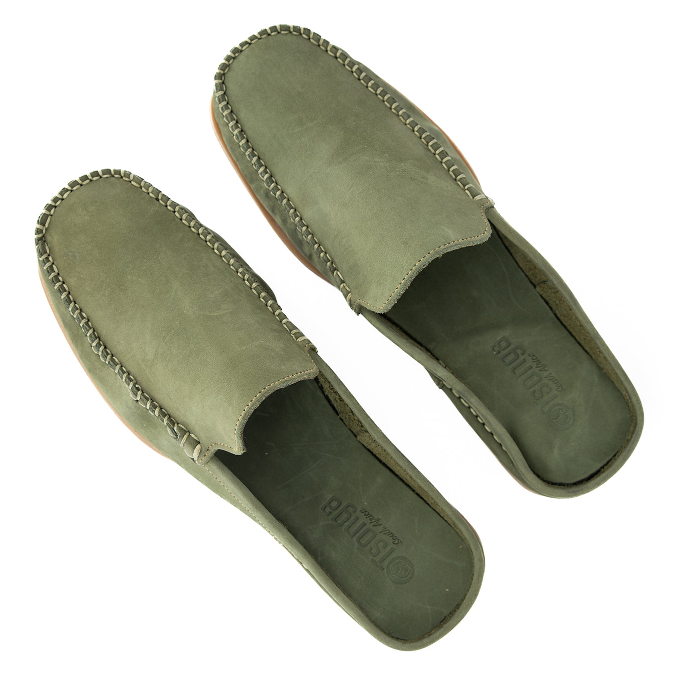 Phazima : Mens Leather Mule in Olive Nubuck