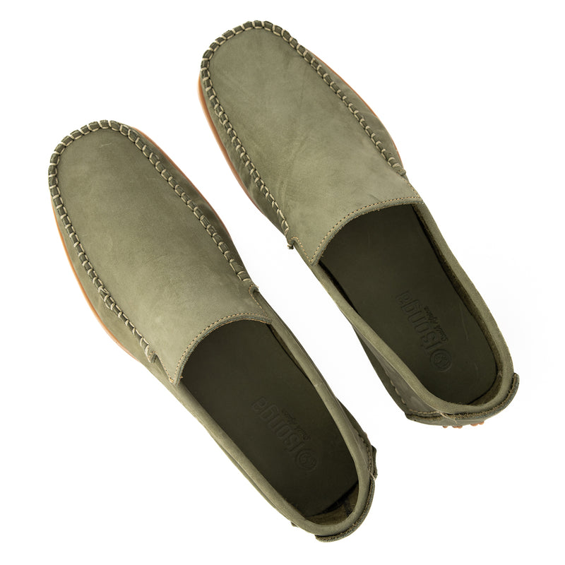 Insonga : Mens Leather Moccasin in Olive Nubuck