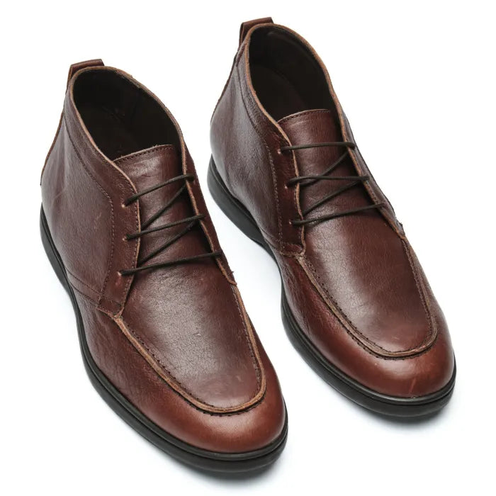 A pair of men's brown leather lace-up ankle boots with a classic chukka design, shown on a clean white background.