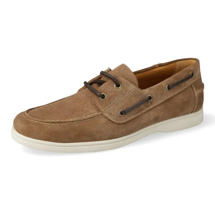 A single men's boat shoe in tan suede with dark brown laces and eyelets, and a white rubber sole, shown on a plain white background.