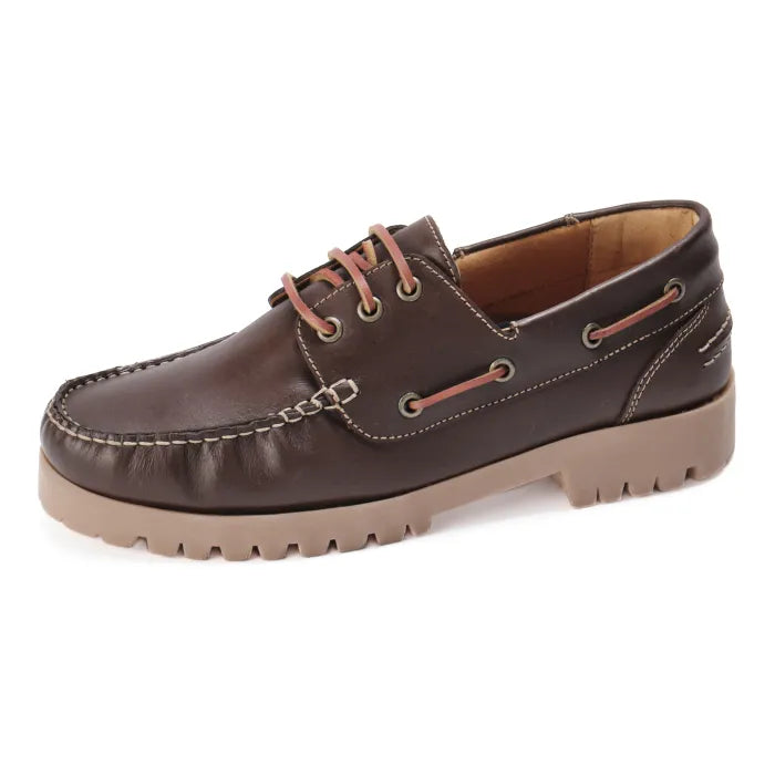 Brown leather boat shoe on a white background