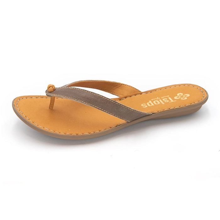 A single tan and brown leather thong sandal with a contoured footbed, shown from a side profile on a white background. The brand name 'TSLOPS' is printed on the footbed.