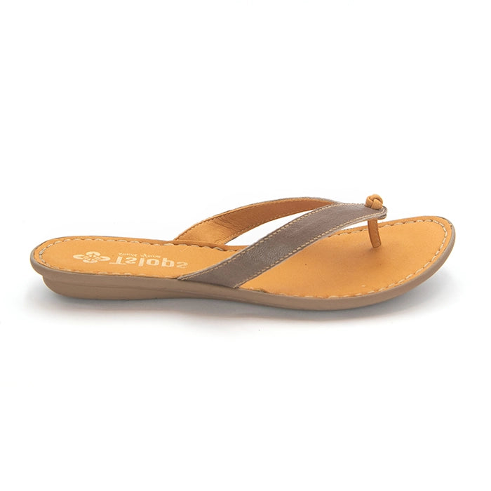 A single women's thong sandal shown in side profile on a white background. The sandal features a tan footbed, a taupe-brown suede-like strap, and a matching tan outsole.