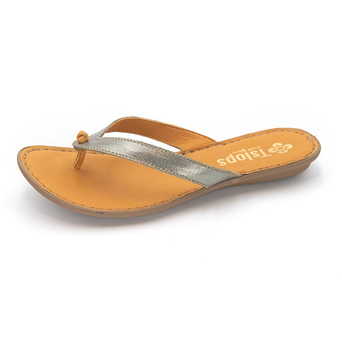 A single women's thong sandal from Tsonga, featuring a metallic silver strap and a tan footbed, shown on a clean white background.