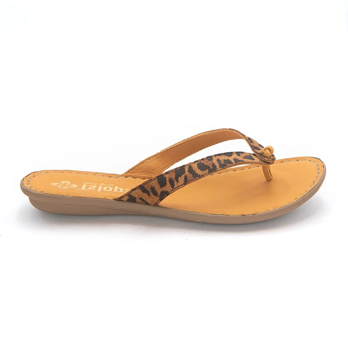 A single women's thong sandal shown in side profile on a white background. The sandal features a tan and brown leopard print strap with a small gold-tone bead at the toe loop, set on a tan insole and a light brown wedge sole.