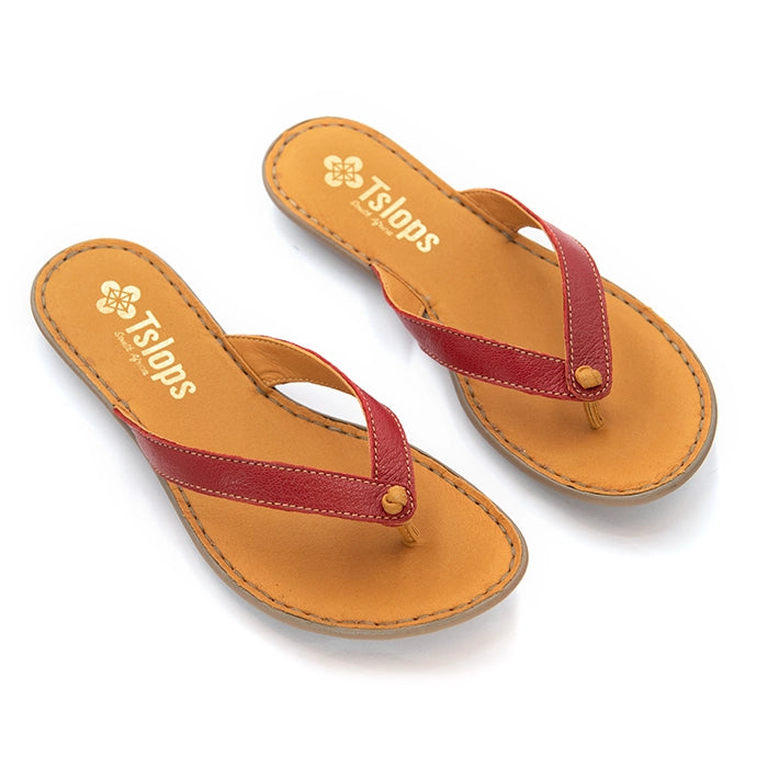 A pair of Tslops flip-flop sandals with red straps and tan footbeds, displayed on a clean white background.