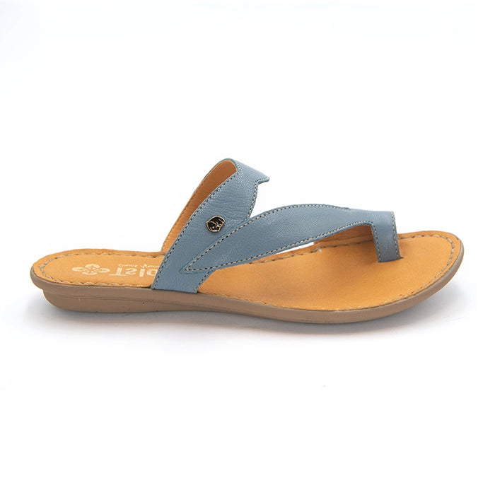 A single women's thong sandal shown in profile against a white background. The sandal features a dusty blue leather toe strap and instep band, a tan leather footbed, and a light brown sole.