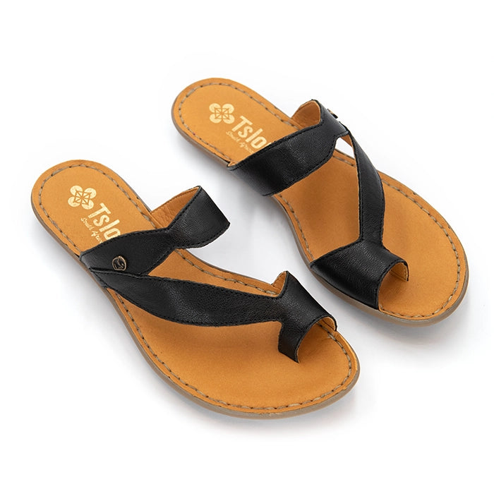 A pair of black leather thong sandals with tan footbeds, shown on a clean white background. The brand name 'Tslops' is printed in gold on the insole.