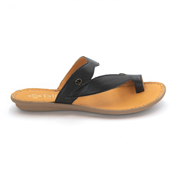 A single black leather thong sandal with a tan footbed and a brown sole, shown from a side profile view on a white background.