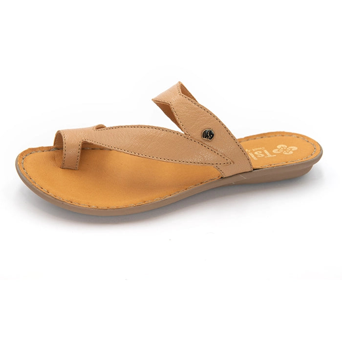 A tan leather thong sandal with a flat sole, shown from a side profile view on a white background.