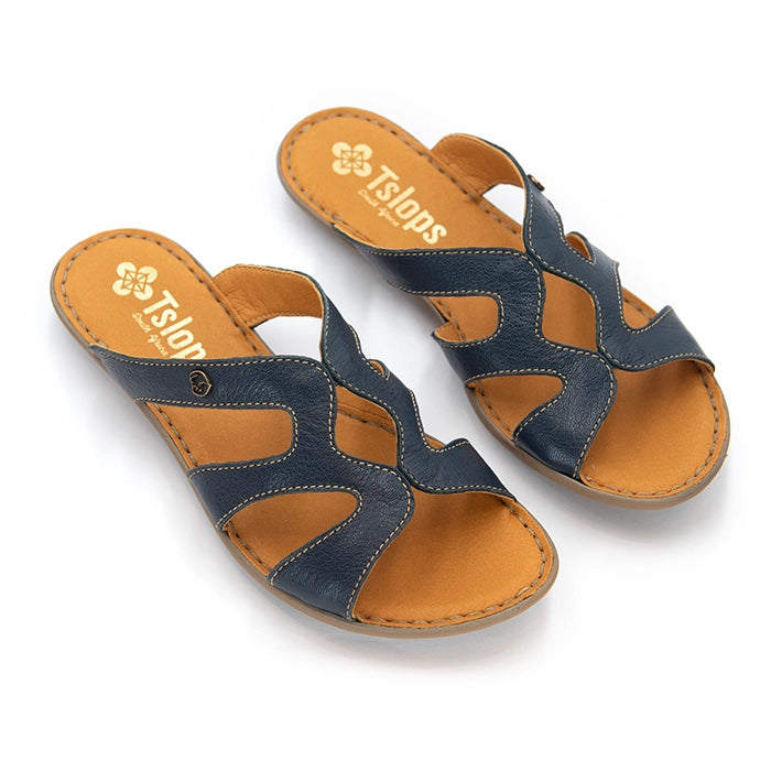 A pair of Tslops slide sandals with navy blue cutout straps and a tan footbed, shown on a white background.