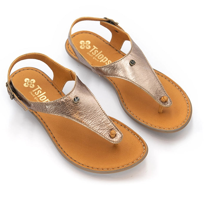 A pair of women's gold leather sandals with an ankle strap and buckle closure.