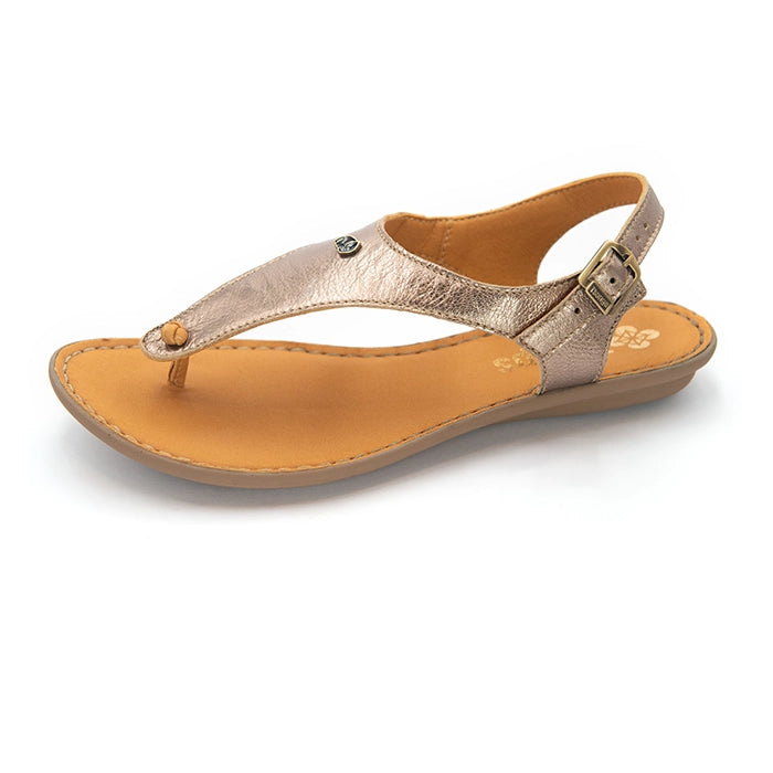 A single women's gold leather sandal with an ankle strap and buckle closure.