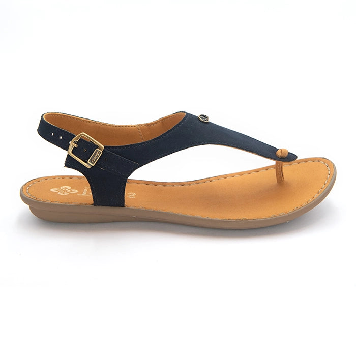 A navy blue thong sandal with a tan footbed and sole, featuring a gold buckle on the adjustable ankle strap.