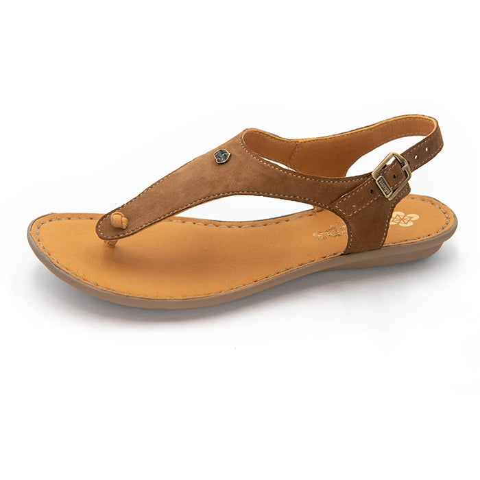 A women's flat thong sandal in brown suede and tan leather, featuring a small metal stud on the toe post and an adjustable ankle strap with a brass buckle, shown on a white background.