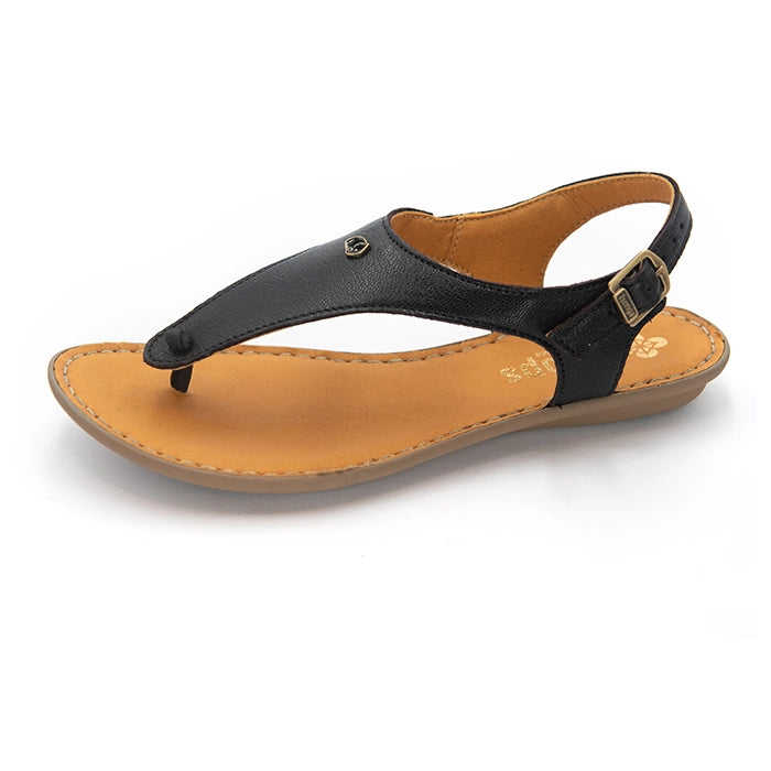 A single women's thong sandal with a black leather upper strap and a tan footbed, shown from a side profile on a white background.