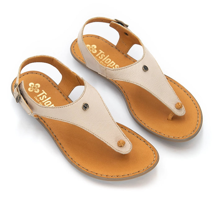 A pair of Tslops thong sandals with beige leather straps and tan footbeds, displayed on a clean white background.
