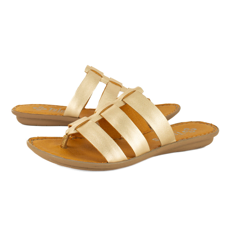 Maroua : Ladies Leather Tslops Sandal in Gold Foil