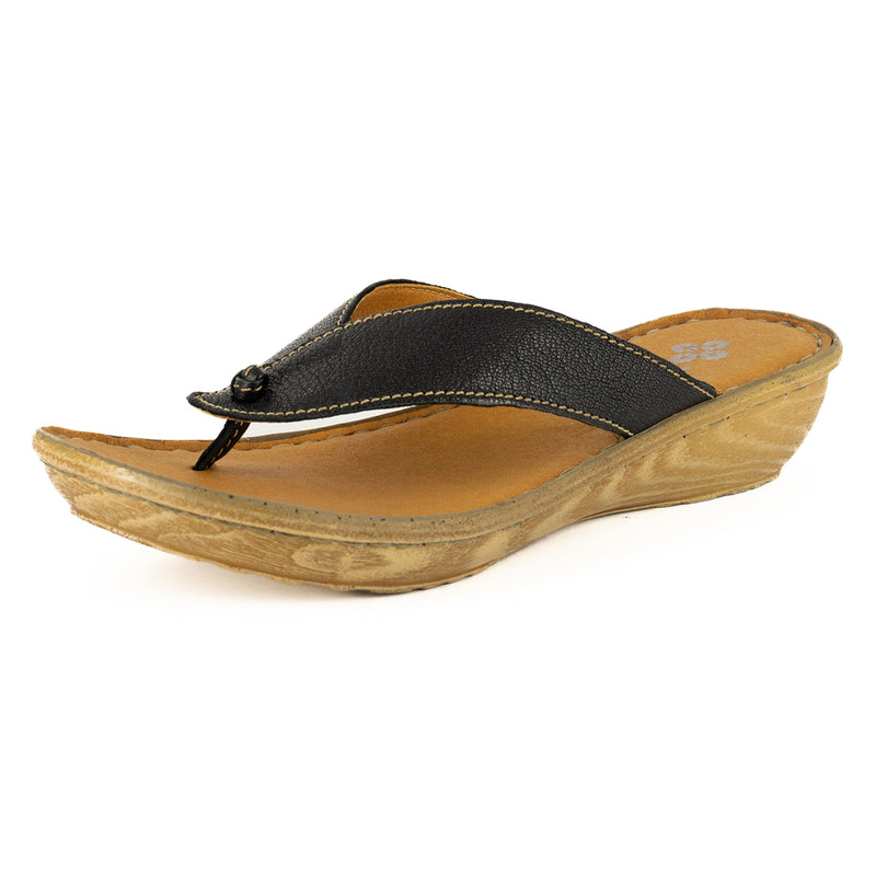 Isanya : Ladies Leather Tslops Wedge Heel Sandals in Black Cayak