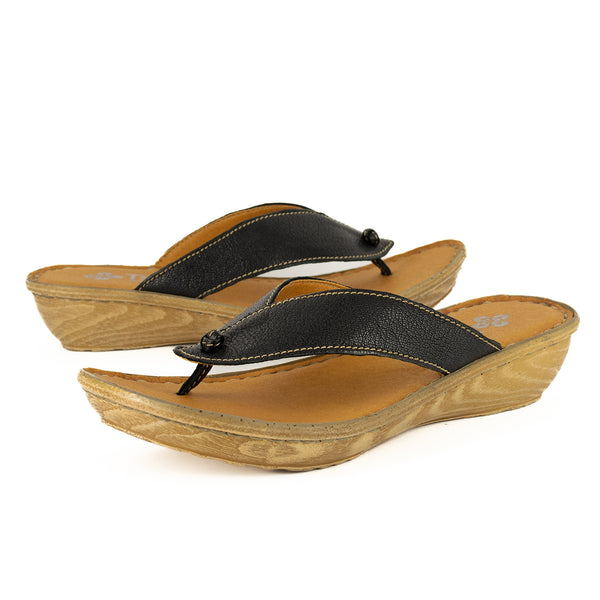 Isanya : Ladies Leather Tslops Wedge Heel Sandals in Black Cayak