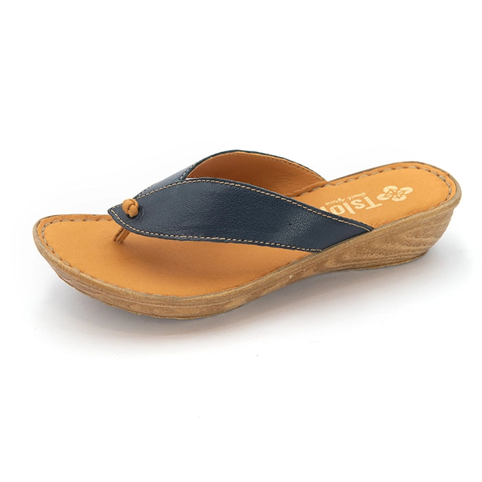 A single women's wedge flip-flop sandal with a navy blue leather strap, tan insole, and wedge heel, shown on a white background.