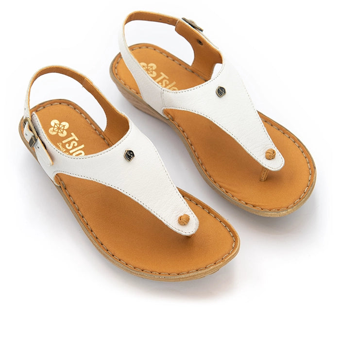 A pair of white leather thong sandals with tan footbeds and straps, displayed on a clean white background. The brand name 'Tlops' is visible on the footbed.