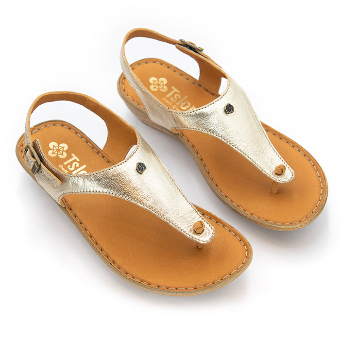 A pair of metallic gold leather thong sandals with tan footbeds and straps, displayed on a clean white background. The brand name 'Tslops' is visible on the insole.