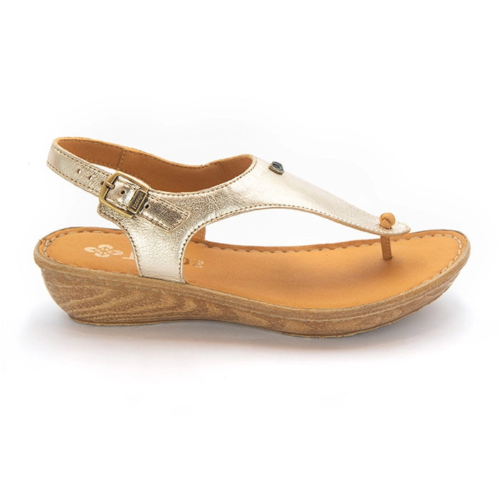 A single women's wedge sandal in metallic gold leather with a brown wedge heel and tan footbed, shown from a side profile on a white background.