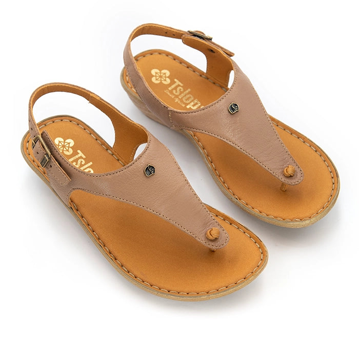 A pair of tan leather T-strap sandals with adjustable back straps, displayed on a clean white background. The brand name 'Tslops' is visible on the insole.