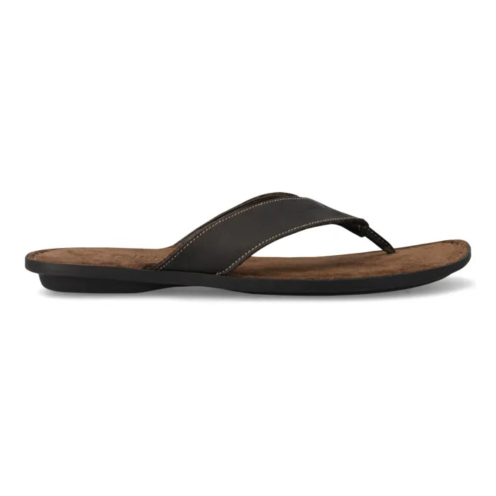 A single dark brown leather thong sandal with a brown footbed and a black outsole, shown in a side profile view against a white background.