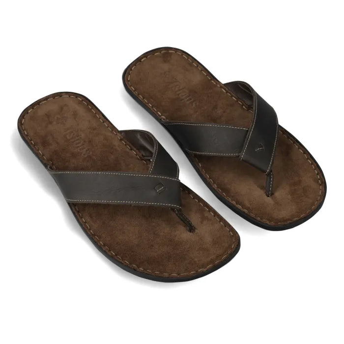 A pair of brown men's leather tslops sandals with a thong style toe post and hand lacing.