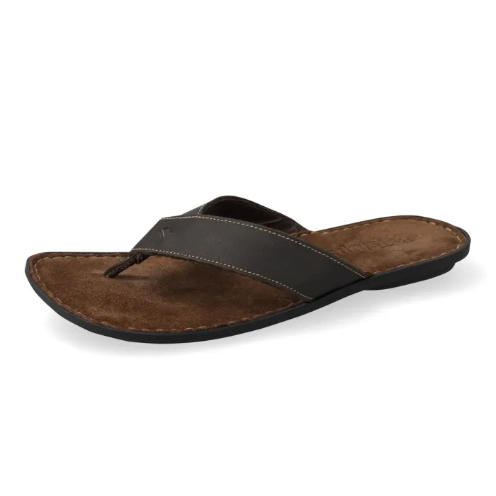 A single men's thong sandal shown in a side profile view on a clean white background. The sandal features a dark brown suede footbed, a brown leather strap with white contrast stitching, and a black outsole.