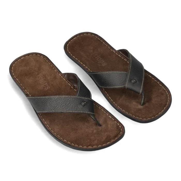 A pair of black leather thong sandals, displayed on a clean white background.