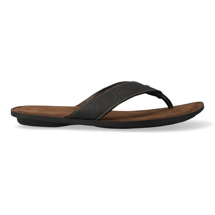 A side view of black leather Tslops sandals with a brown lining, displayed on a white background.