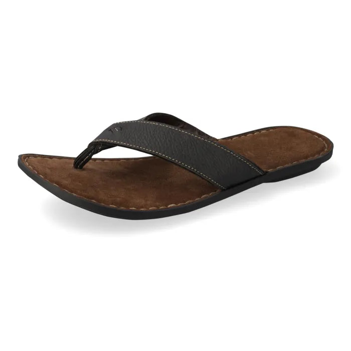 A single men's thong sandal with a textured black upper strap, a brown suede-like footbed, and a black outsole, shown from a side profile on a white background.