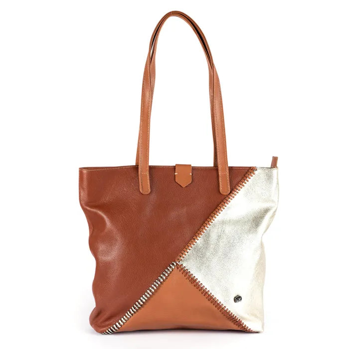 Brown leather tote bag with a white and gold geometric pattern on a white background