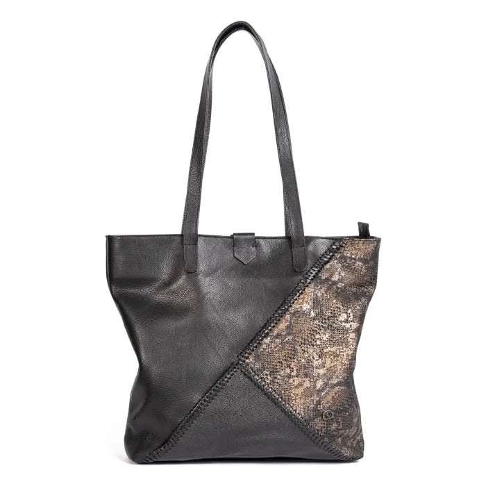 Black leather tote bag with metallic patch on a white background